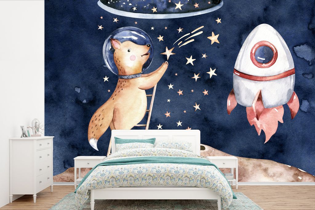 MuchoWow Fototapete für Wohnzimmer oder Schlafzimmer Wandtapete Vinyl Motivtapete Weltraum - Fuchs - Rakete - Junge - Mädchen - Kinder - 450x30...