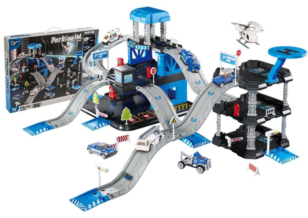 Rennbahn Spielset, interaktives DIY-Spielzeug fuer Kinder mit 6 Autos+ 1 Hubschrauber, Montessori-STEM, ab 3 Jahren, Blau