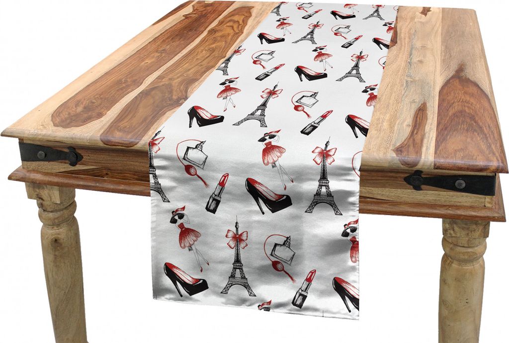 ABAKUHAUS Eiffel Tischläufer, Schuhe Lippenstift Parfüm, Esszimmer Küche Rechteckiger Dekorativer Tischläufer, 40 x 300 cm, Rubin Schwarz Weiß