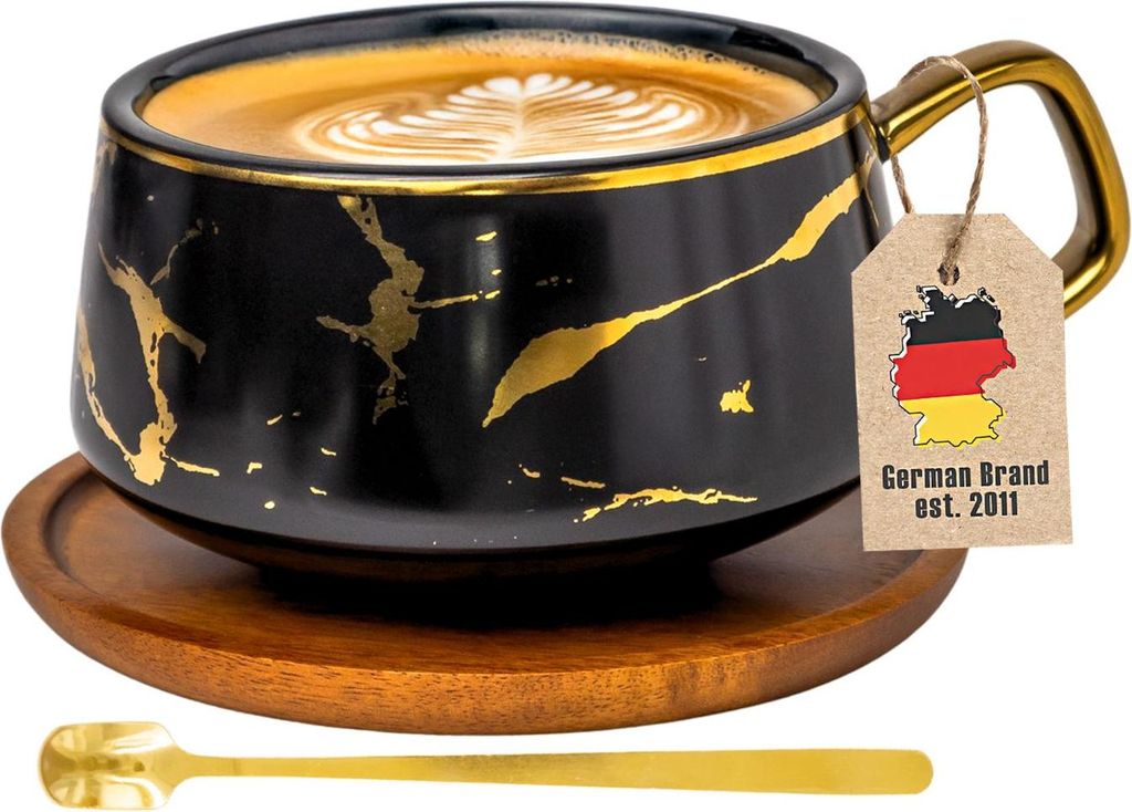 Intirilife Tasse aus Keramik im Marmor Design in Schwarz - ca. 200 ml - Kaffeetasse, Teetasse mit Holz Untersetzer Becher