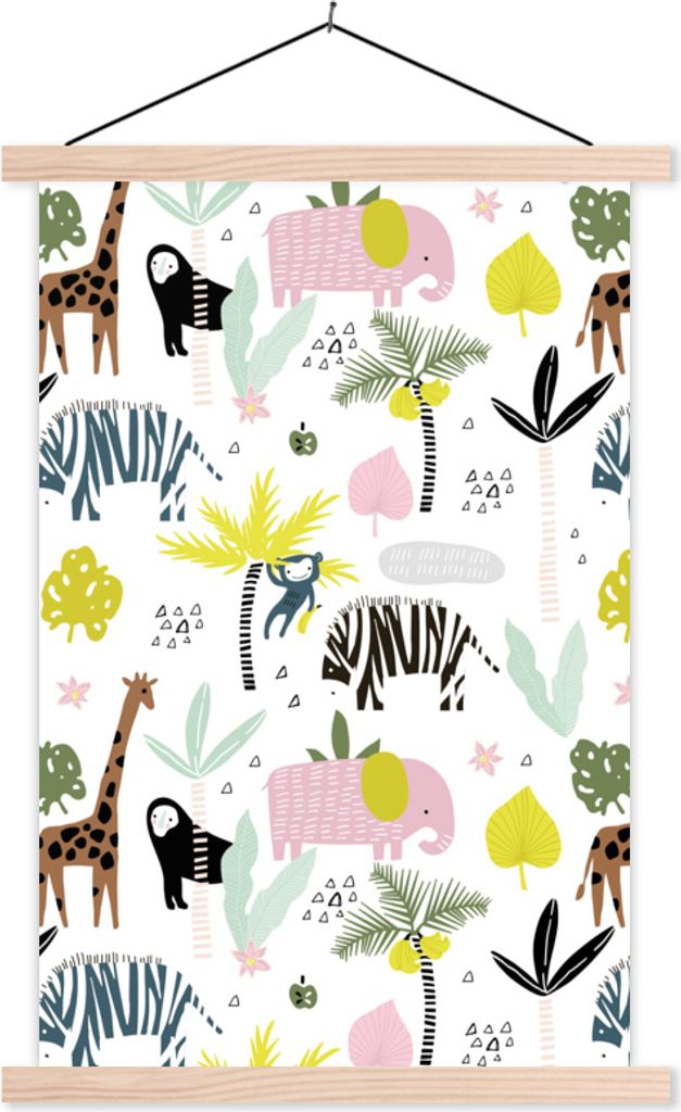 MuchoWow Textilposter Tiere - Baum - Muster 120x180 cm mit holzfarbenen Rahmen - Textil-Plakat
