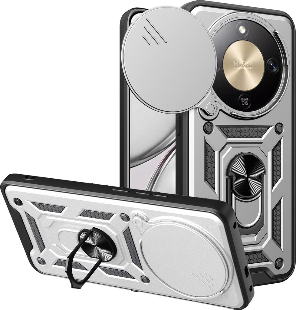 Outdoor Panzer Hülle für Honor Magic 8 Lite Handyhülle Slide Kameraschutz Ringhalter Silber