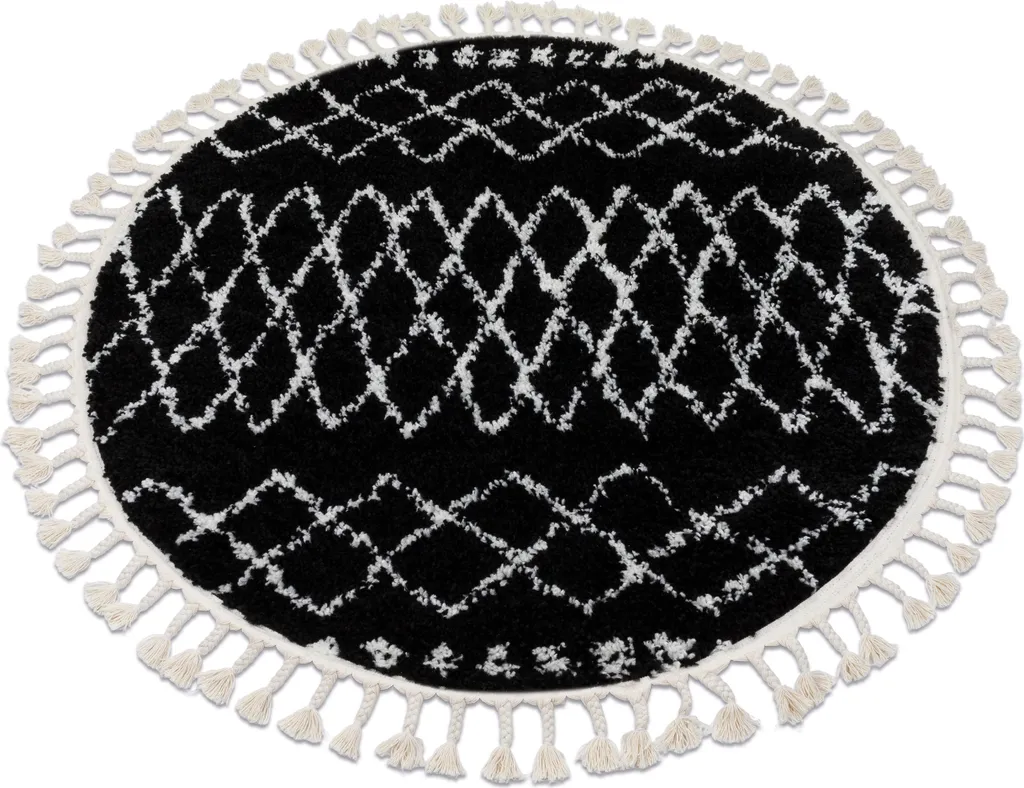 Tapis berbère shaggy noir et blanc 160 cm rond motifs géométriques