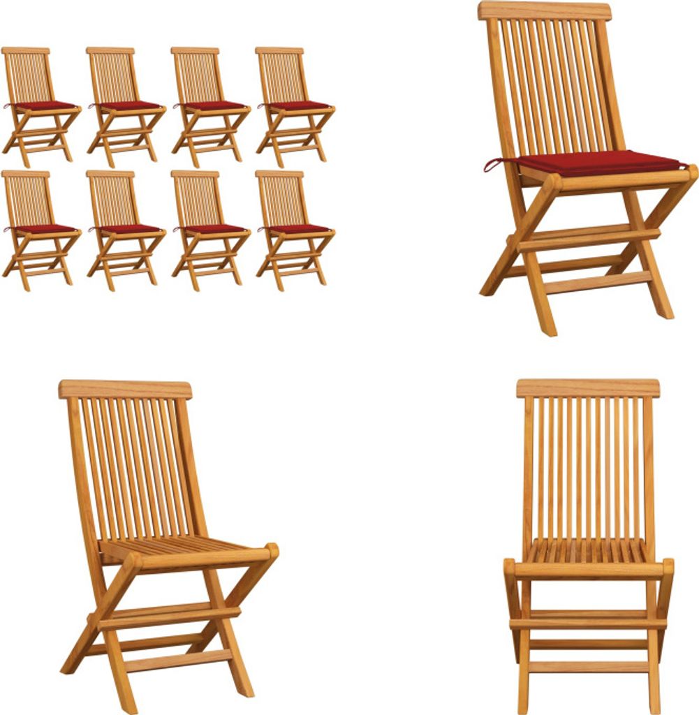 vidaXL Gartenstühle mit Roten Kissen 8 Stk. Massivholz Teak - Gartenstuhl - Gartenstühle - Holz-Gartenstuhl - Holz-Gartenstühle