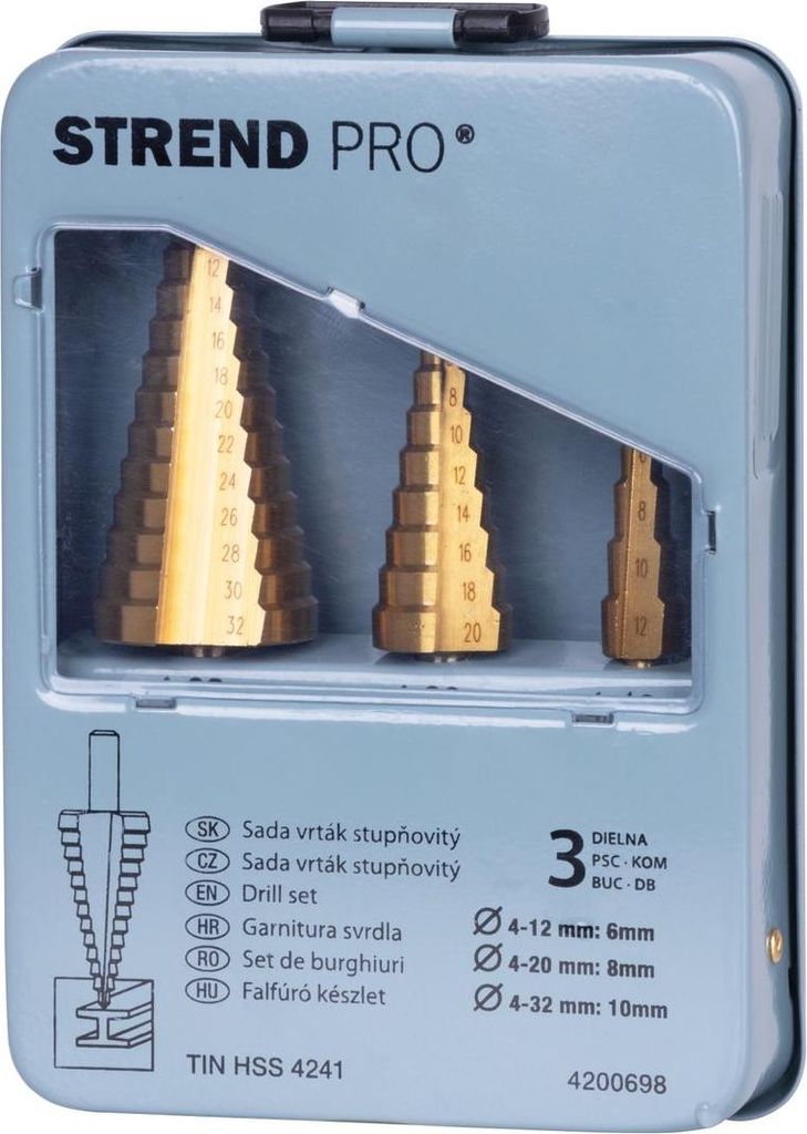 Satz Stufenbohrer Strend Pro SS421, 4-12, 4-20, 4-32 mm, TiN, HSS 4241 gerade, für Metall
