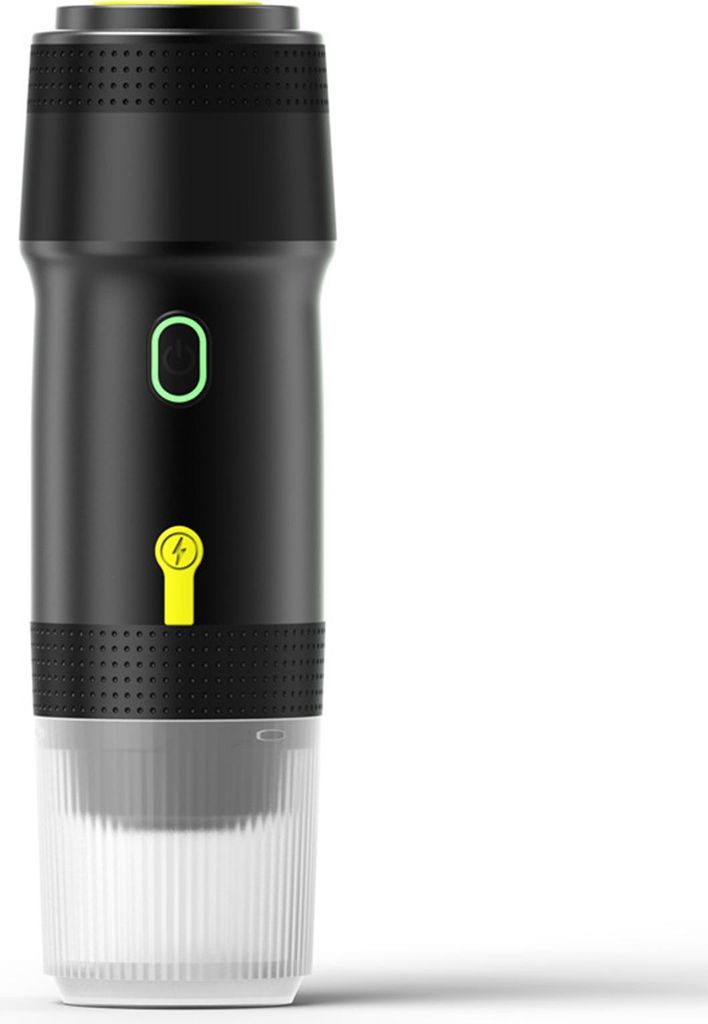 A black and white portable coffee maker with yellow and green accents, shown against a white background.