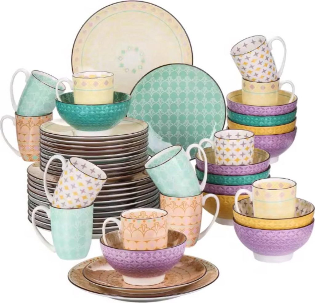 Ornamental Serviesset – Speiseteller und Beilagenteller – 12 Personen – 48-teilig – Bunt Keramisch – Backofengeeignet