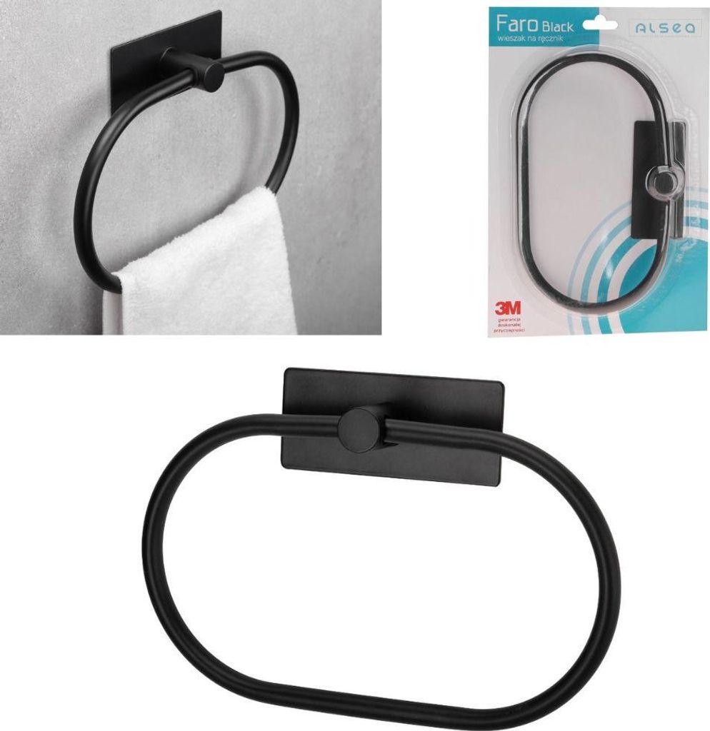Wandmontierter, ovaler, selbstklebender Handtuchhalter fürs Badezimmer, Metall, schwarz, FARO BLACK, mit 3M-Klebeband