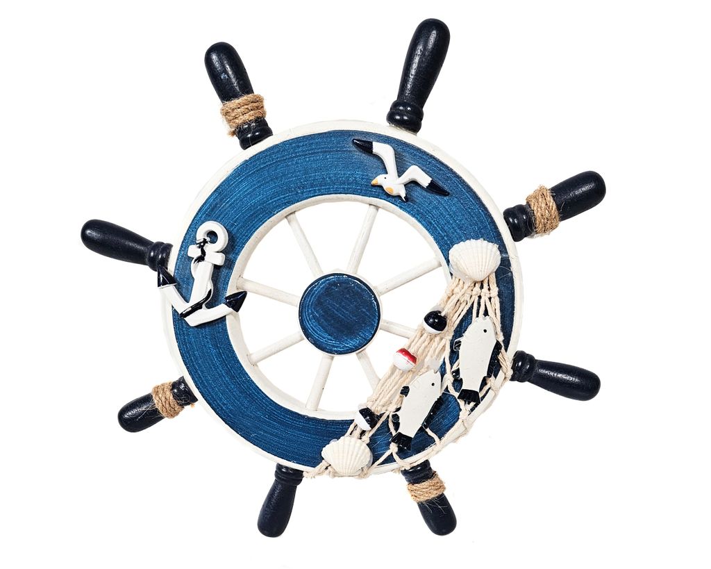 Deko Steuerrad Schiff Holz Fischernetz Muscheln Fische Maritime Deko 03
