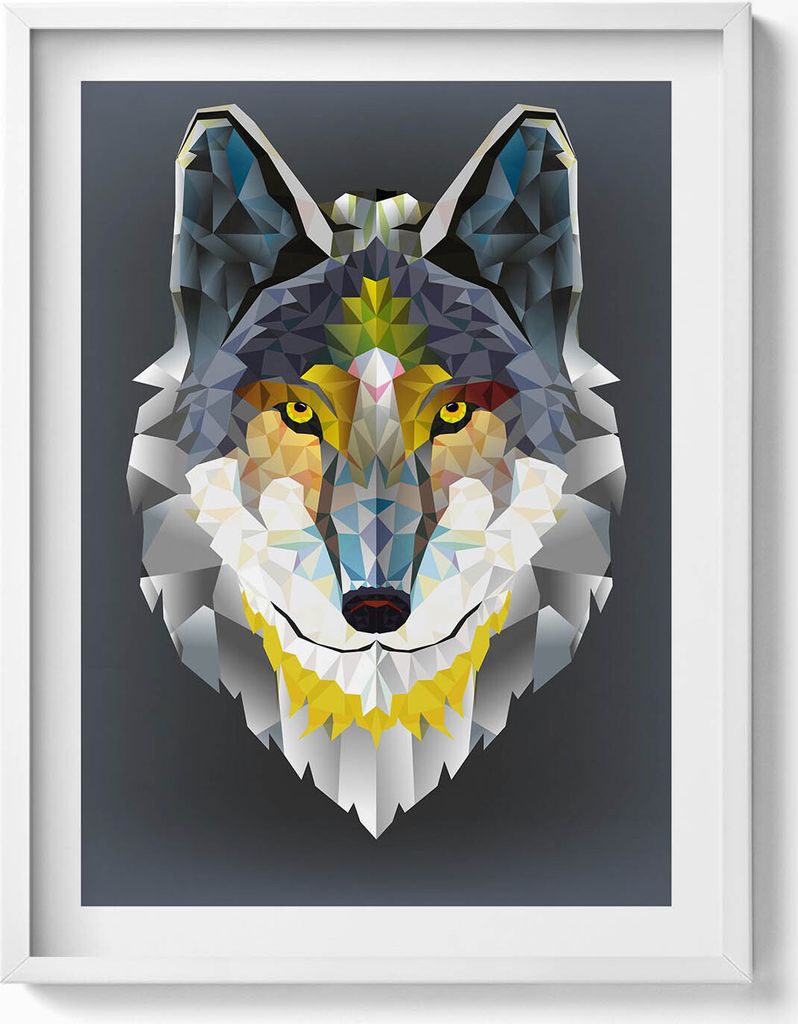 Wolfskopf– Wandbild mit Rahmen – Gerahmtes Bild – Wanddekoration – 60x80 cm – Weiß Rahmen