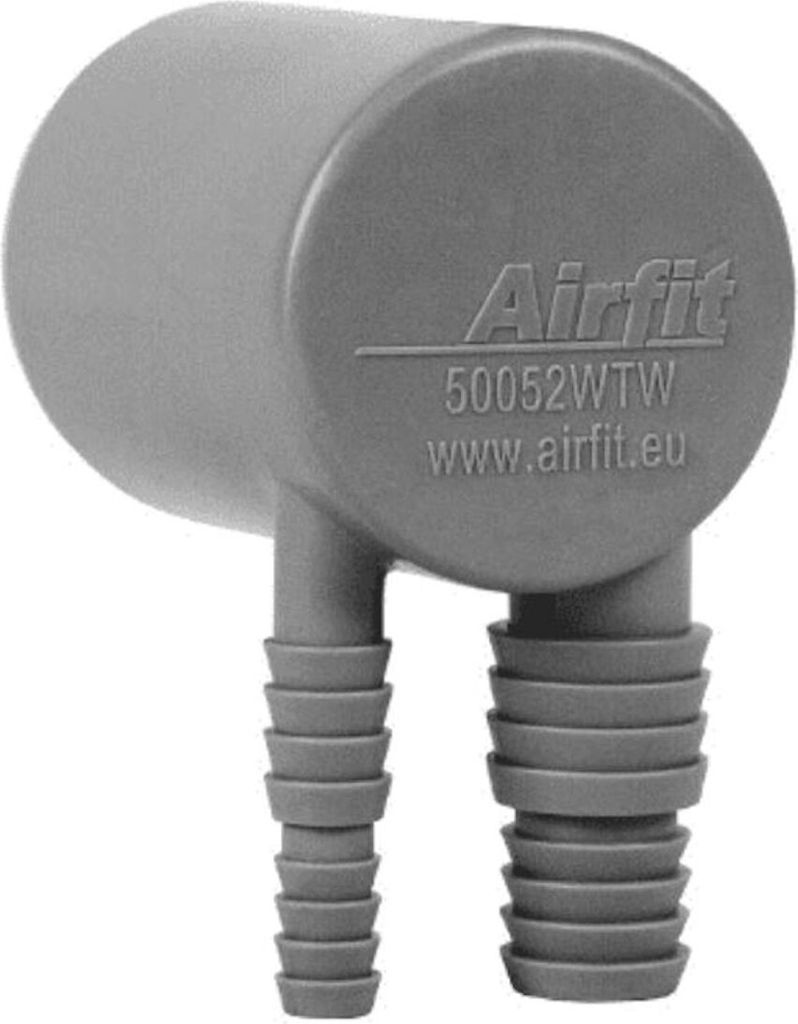 A gray plastic double hose adapter with ribbed connectors and embossed text.