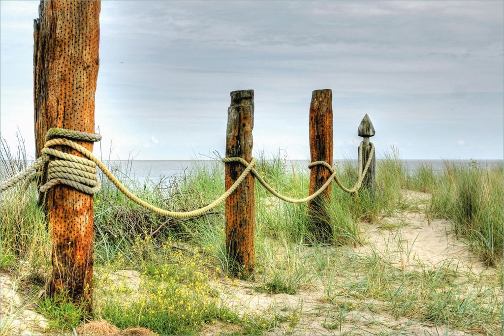 Wallario selbstklebendes Poster - Düne am Strand mit Holzpfahl, Größe: 61 x 91,50 cm