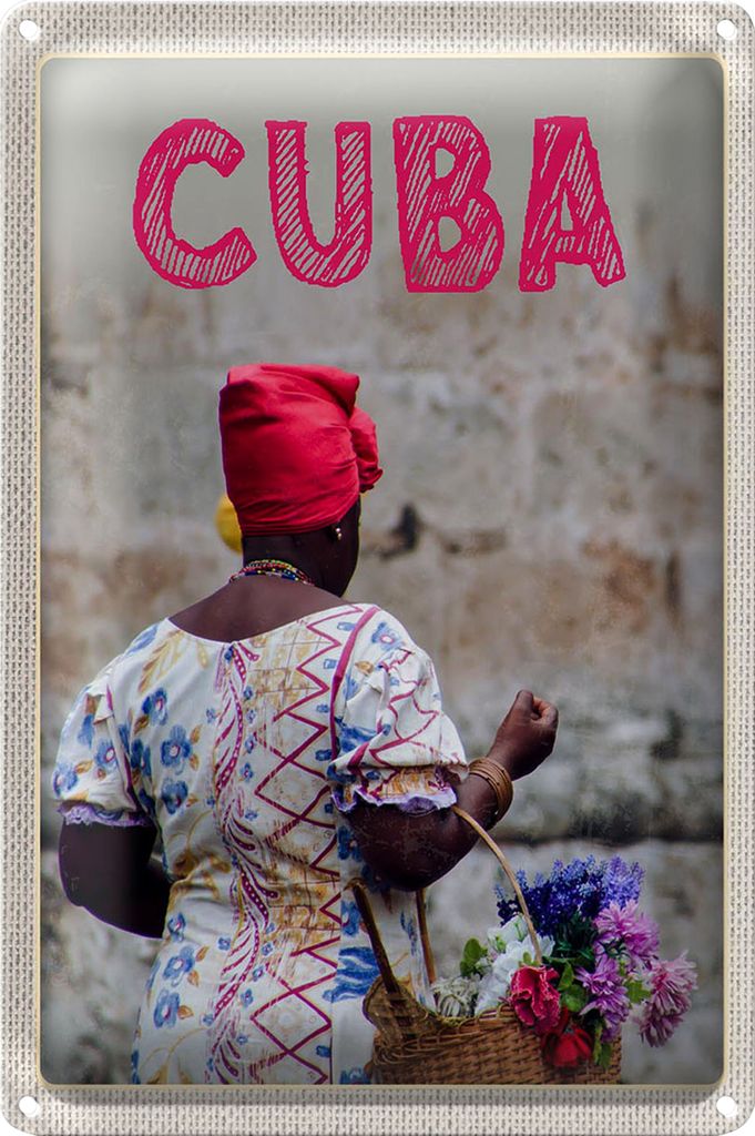 Blechschild Reise 20x30cm Cuba Karibik Frau Korb mit Blumen