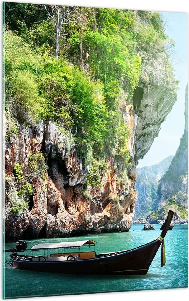 Bilder auf glas - Einteilig - Boot Klippen Natur Felsen - 50x70cm - Glasbilder - Wandbilder - Bilder - zum Aufhängen bereit - Wanddekoration aus G...