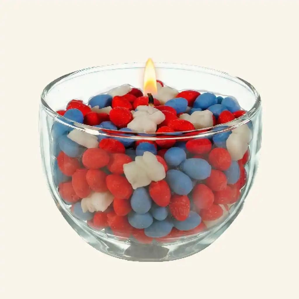 Perlagekerze, Kerze für Ostern im Glas mit rot-blauen Wachseiern und weißem Häschen aus Raps & Olivenwachs, Vegan, Osterkerze, Deko für Ostern