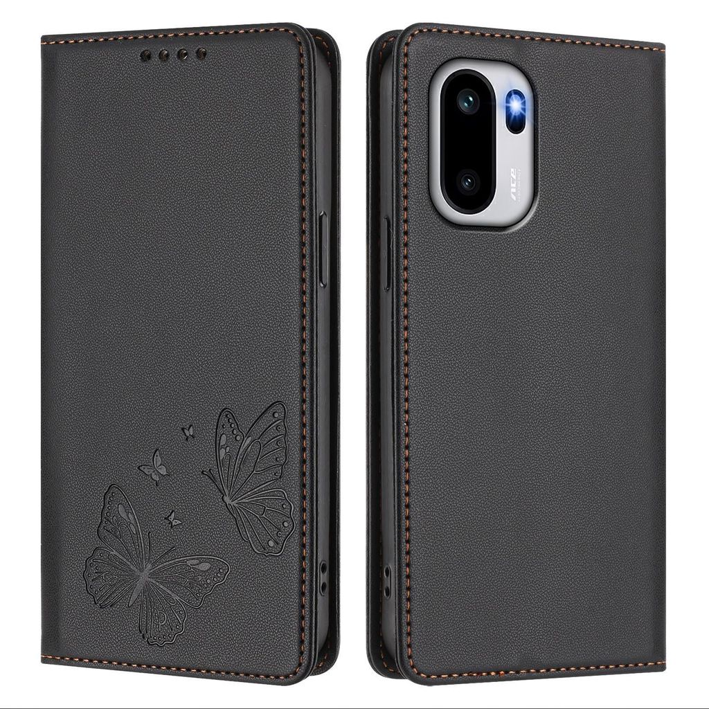 Lederhülle für OnePlus Ace 6T / Ace 6, Schmetterling Prägung Leder Brieftasche Schutzhülle mit Ständer Schwarz