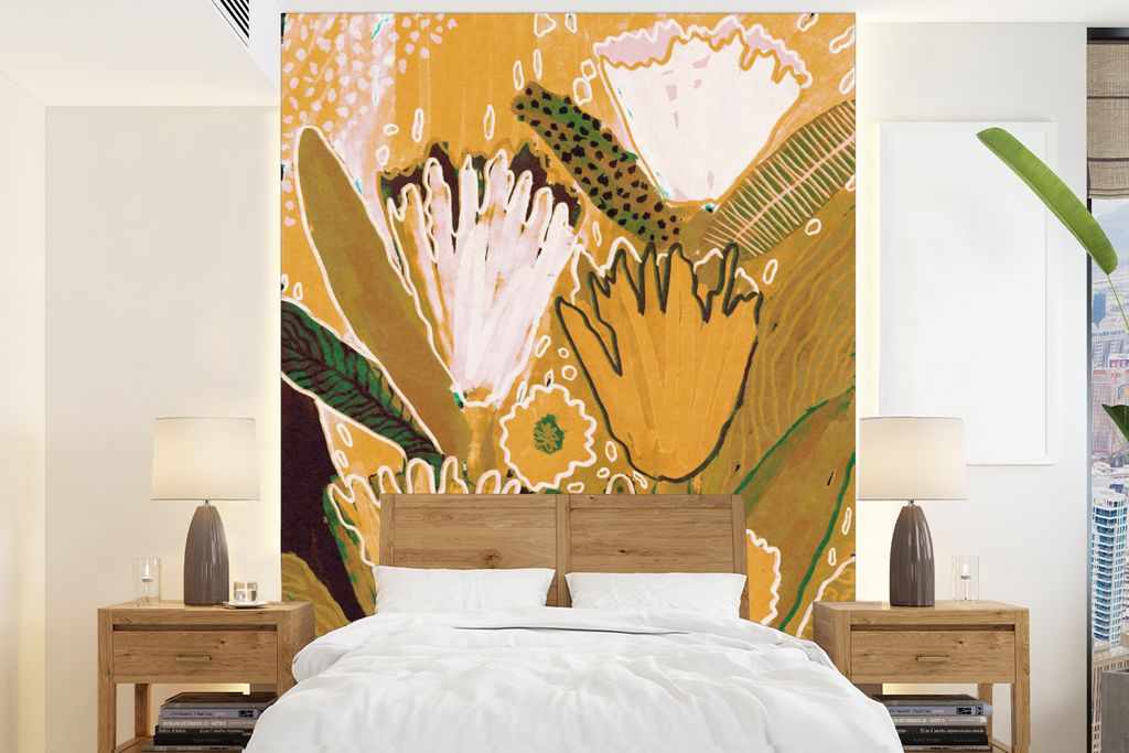 MuchoWow Fototapete für Wohnzimmer oder Schlafzimmer Wandtapete Vinyl Motivtapete Blumen - Gelb - Pflanzen - 160x220 cm - Bildschirmhintergrund