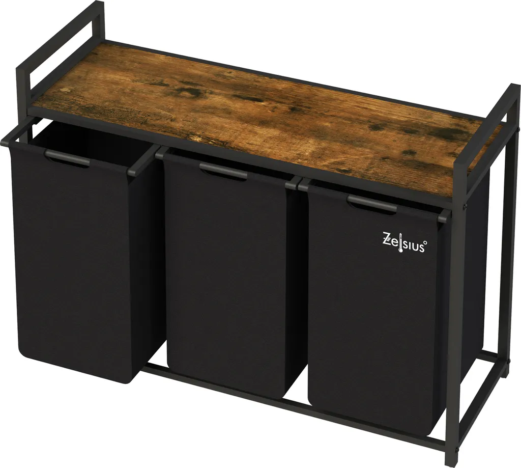 Panier à linge 3 compartiments avec étagère bois noir gain de place - 6