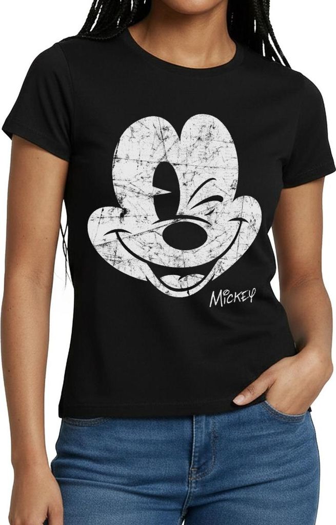 Mickey & Minnie Retro Mickey Mouse Zwinkernd Frauen T-Shirt, XXL, Schwarz