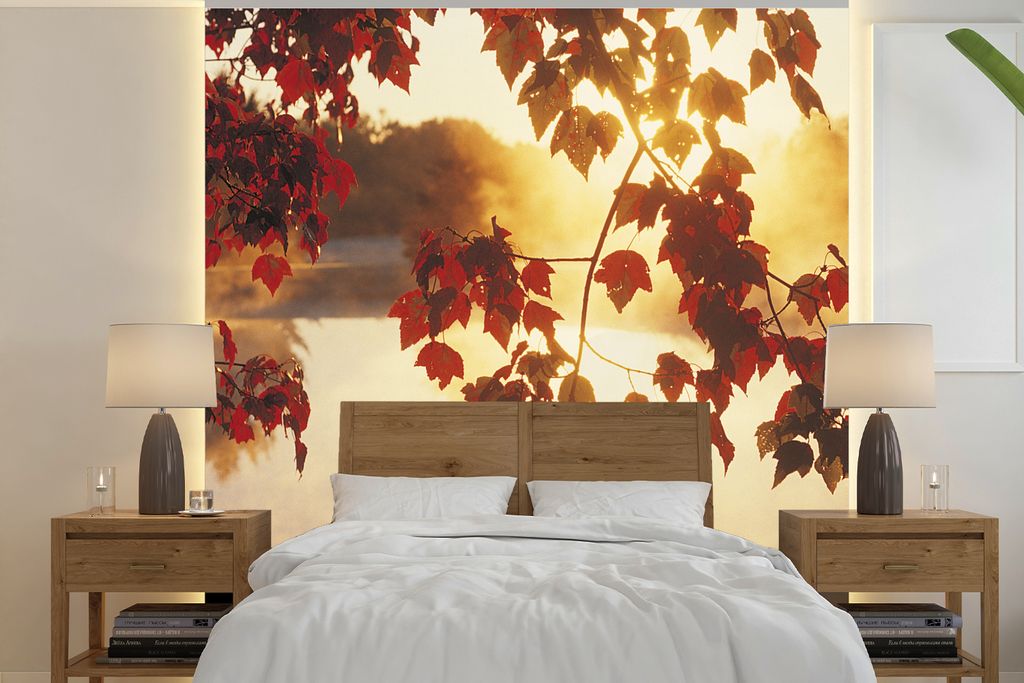 MuchoWow Fototapete für Wohnzimmer oder Schlafzimmer Wandtapete Vinyl Motivtapete Baum - Rot - Herbst - 300x300 cm - Wanddekoration