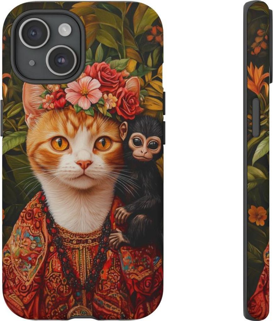 Roter Kater mit Blumenkrone und Affe – Hülle Kompatibel mit iPhone 15
