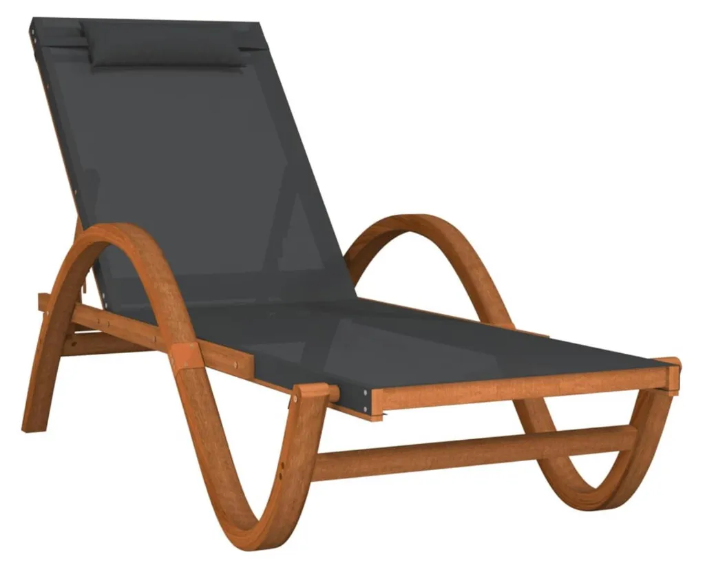 Chaise longue de piscine en textilène gris et bois de peuplier avec coussins