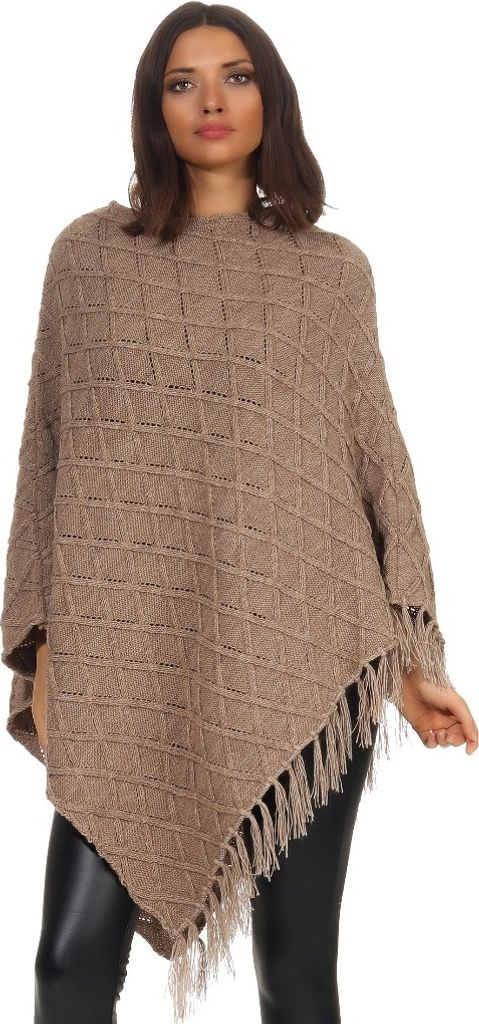 Mississhop Damen Poncho mit Kaschmir und Wolle Hochwertiges Cape XXL Umhängetuch Strick Pullover mit Quasten 3014 Mocca