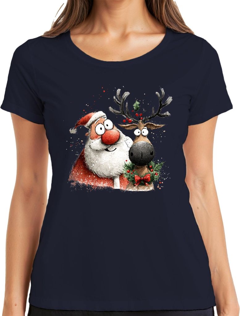 Weihnachtsmann Rentier Rudolph lustig Weihnachten Geschenk Damen T-Shirt, Navy, M