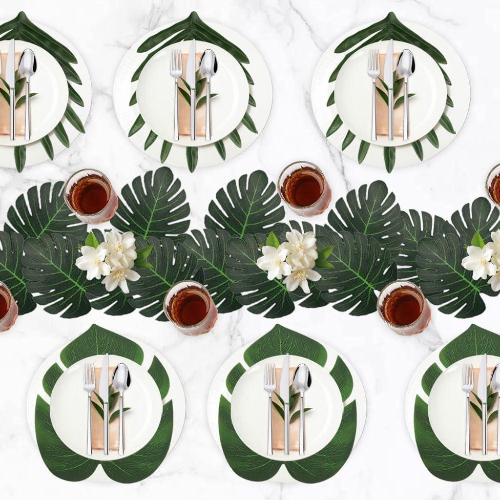 Tropische Dekoration Blätter Set von 50 - Kunstblätter für Dschungel-Thema Feier - Palmblätter und Monstera Blätter - Strandfest Dekoration.