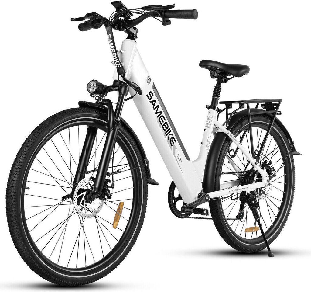 A white electric bicycle is shown against a white background.