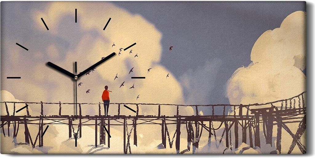 Küche Wohnzimmer Wand Leinwand Uhr 60x30 Kunst Mann auf alter Brücke in Wolken - schwarze Hände