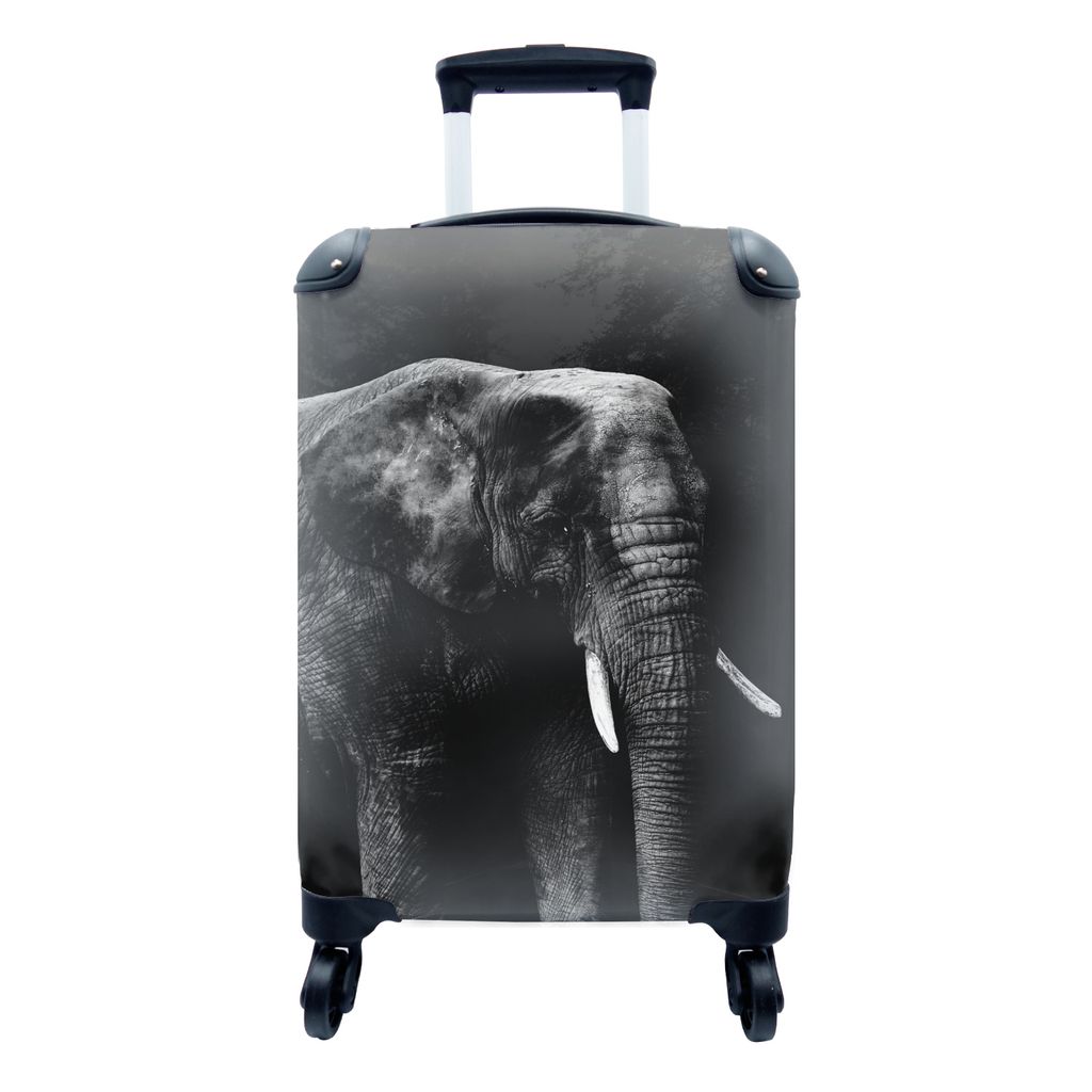 MuchoWow Koffer Handgepäck Trolley Rollkoffer Kleine Reisekoffer mit 4 Rollen - Elefant auf schwarzem Hintergrund - schwarz und weiß - Cabin Si...