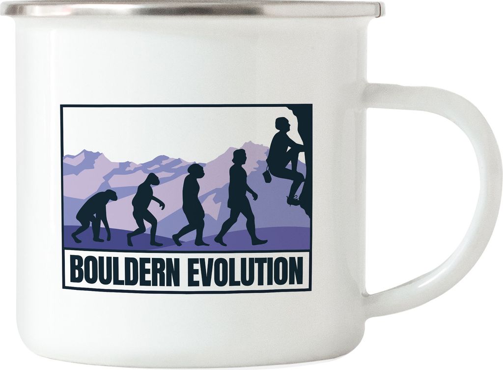 Bouldern Evolution Emaille Tasse Klettern Sport Freizeit Hügel Felsen Höhe Gipfel Kletterschuhe Kletterer Berge Climb