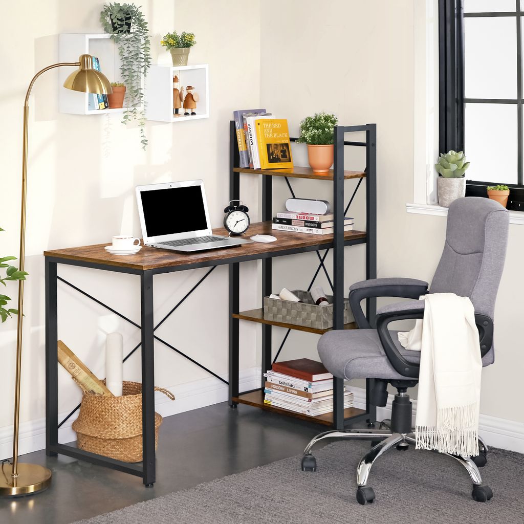 A home office setup with a desk, chair, and shelves.