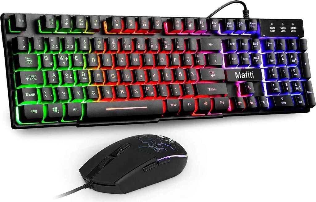 Tastatur und Maus Set, Kabelgebundenes LED Hintergrundbeleuchtung QWERTZ (DE-Layout), Regenbogen Farben Beleuchtetung für Gaming und Büro
