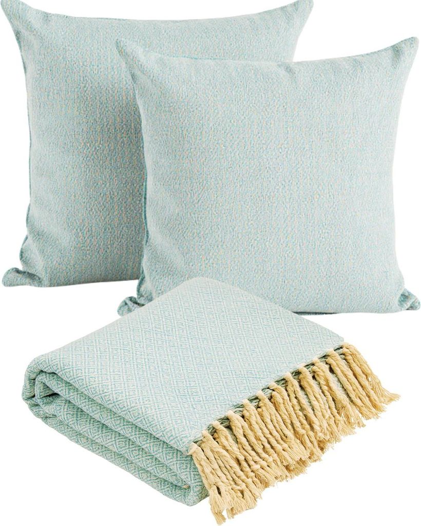 Marrakesch 3er Set Calix Blau Tagesdecke 125x150 & 2 Kissenbezüge 40x40 aus Baumwolle | Boho Sofaüberwurf mit Fransen & 2 Zierkissen ohne Füllun...