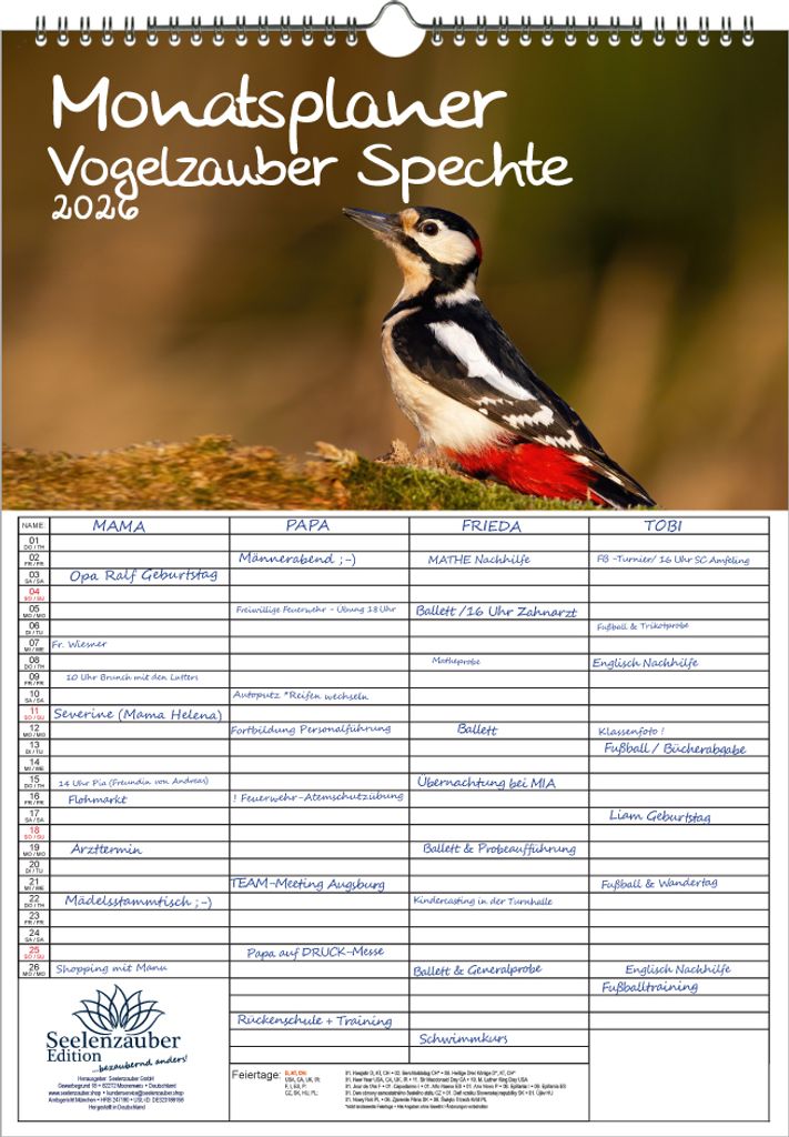 Vogelzauber Spechte Planer Familienplaner 4 Spaltenplaner DIN A3 Kalender für 2026 Vogel - Seelenzauber