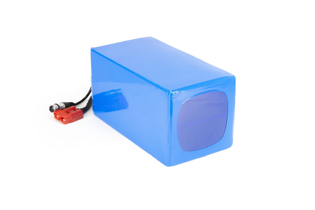 A blue lithium-ion battery pack with connectors on a white background.