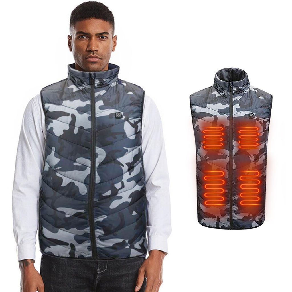 Herren Beheizbare Weste Winter Beheizte mit 4 Heizbereiche USB Elektrische für Outdoor Skifahren Heizweste-Tarnmuster-XL