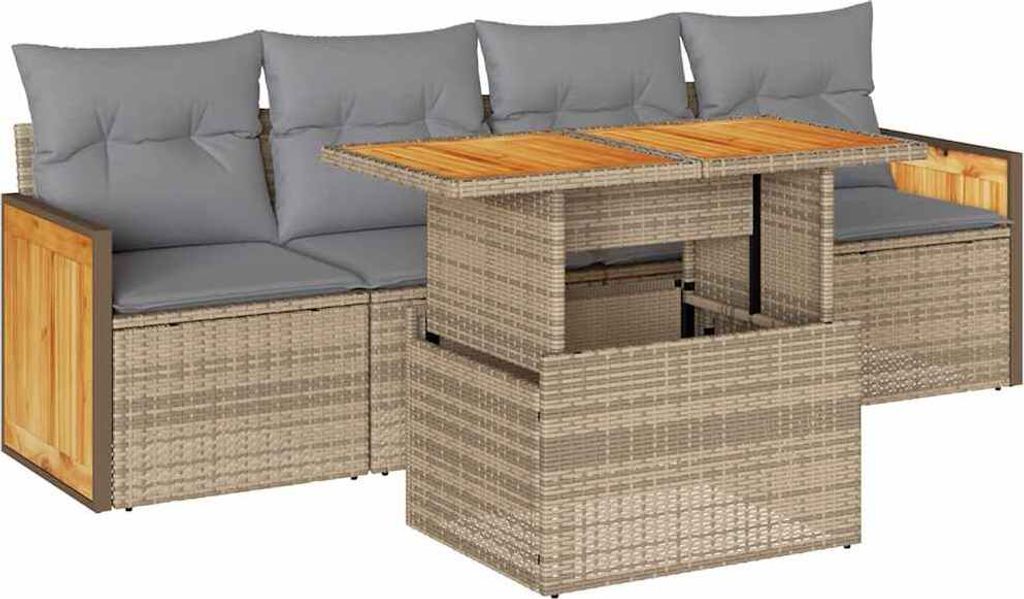 vidaXL 5-tlg. Garten-Sofagarnitur mit Kissen Beige Poly Rattan Akazie