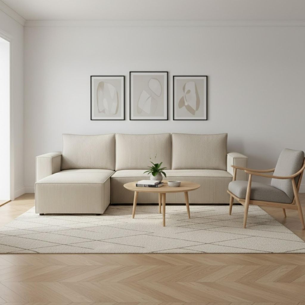 Couch L Form - Mit Schlaffunktion und Bettkasten - Links - 235x76x147 cm - Beige - Kleine Sofaecke - Wohnlandschaft L Form - Schlafsofa Modern