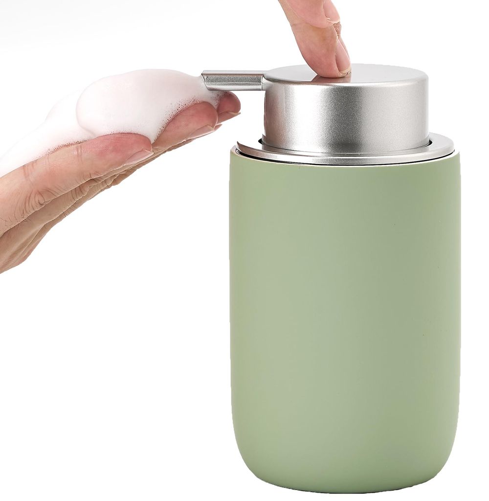Grüner Schaumseifenspender, 350 ml, Keramik (Gummilack), nachfüllbar – für Bad und Küche, moderner Seifenspender mit Flasche