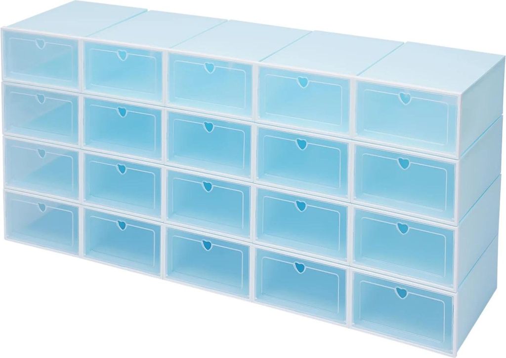 Schuhboxen, 20er-Set, blau, stapelbar aus PP/ABS mit transparentem Klappdeckel, faltbar
