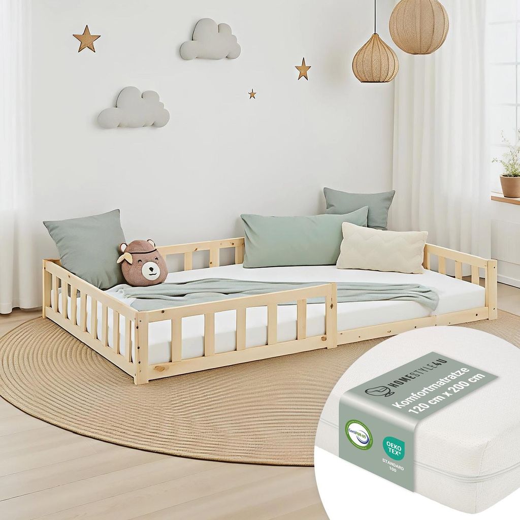 Homestyle4u Kinderbett Natur mit Rausfallschutz 120x200 cm Bodenbett Montessori Bett Lattenrost Matratze