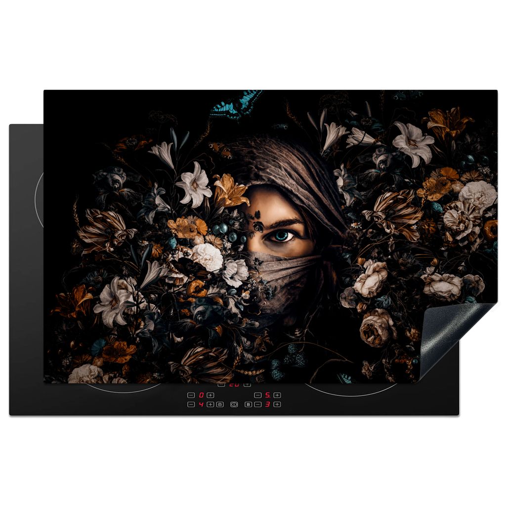 KitchenYeah Herdabdeckplatte Frau - Luxus - Blumen - Schmetterling - Porträt , 81x52cm, Küche Deko, Glaskeramikkochfeld Herdabdeckung, Abdeckpl...