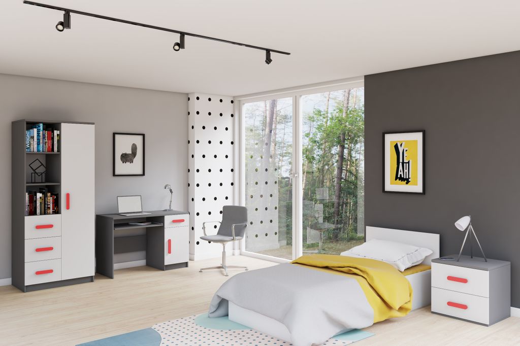 Kinderzimmer-Set Schrankregal Schreibtisch Bett Nachtisch Grau/Weiß mit rote Griffe ohne Matratze Jonas II 01