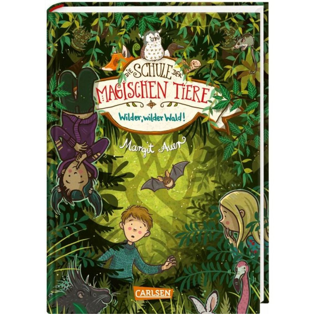 A book cover illustration depicting children and animals in a magical forest setting.