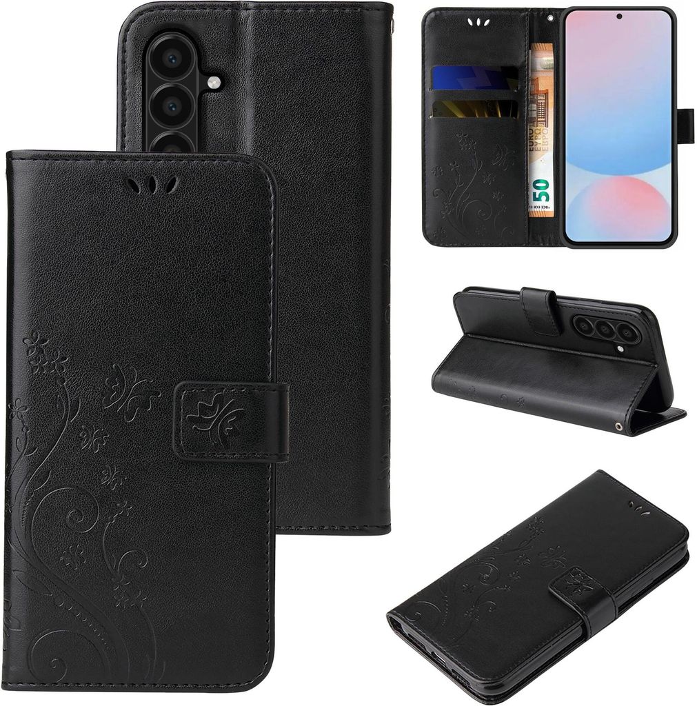 A collage of images showing a black flip phone case with floral and butterfly designs, and a phone inserted into it.