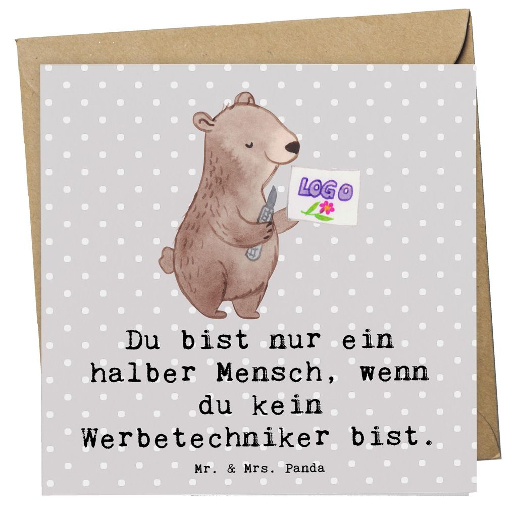 Mr. & Mrs. Panda Grußkarte Werbetechniker Herz - Grau Pastell - Geschenk, Klappkarte, faltkarte, anlasskarte, doppelkarte, Glückwunschkarte