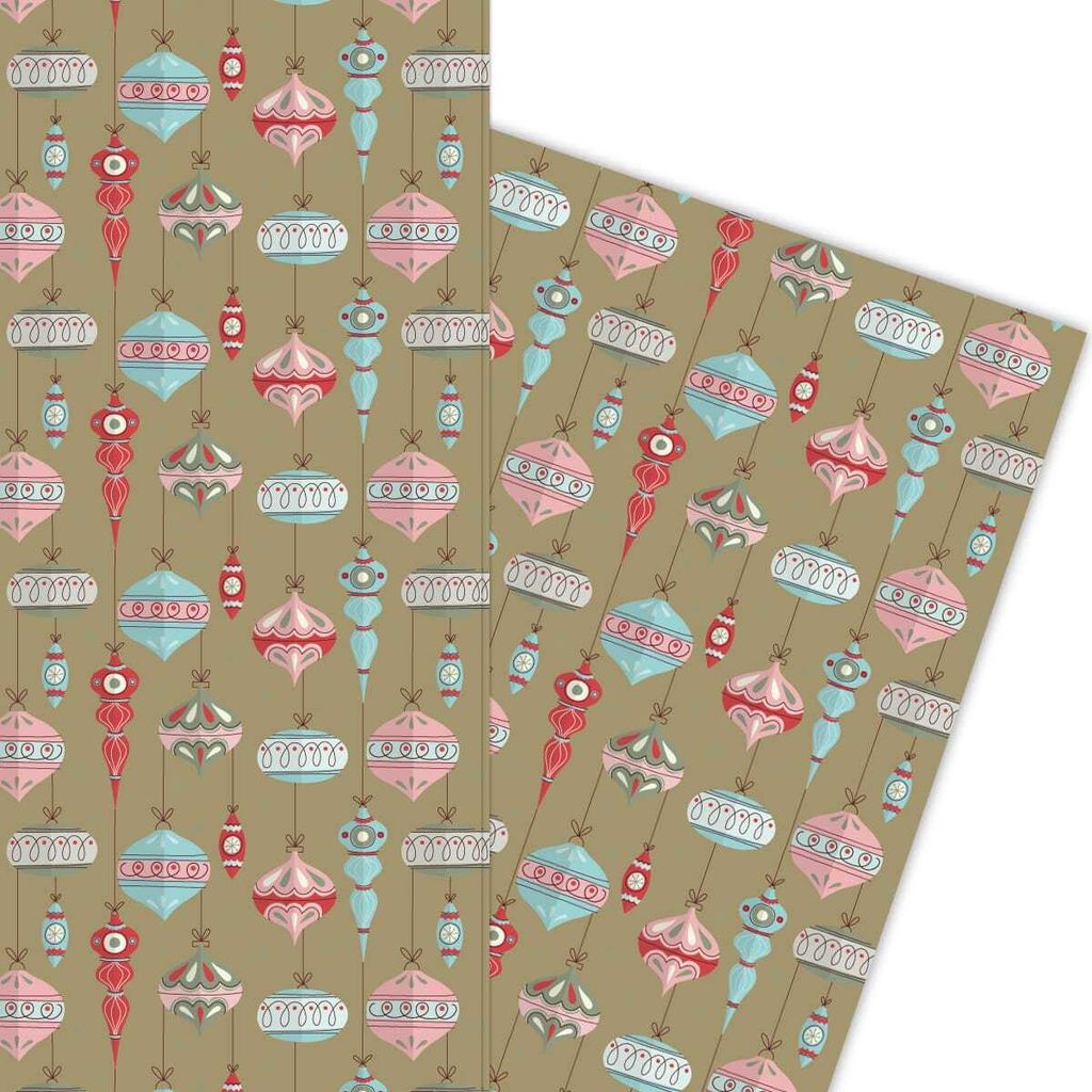 Handgemaltes Weihnachts Geschenkpapier mit Weihnachtskugeln auf beige - G5936, 32 x 48cm